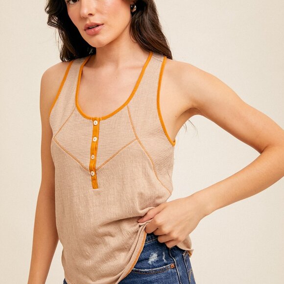 HEM & THREAD Tan Henley Tank Top with Orange Trim, Button Front Detail, Casual - Picture 3 of 4